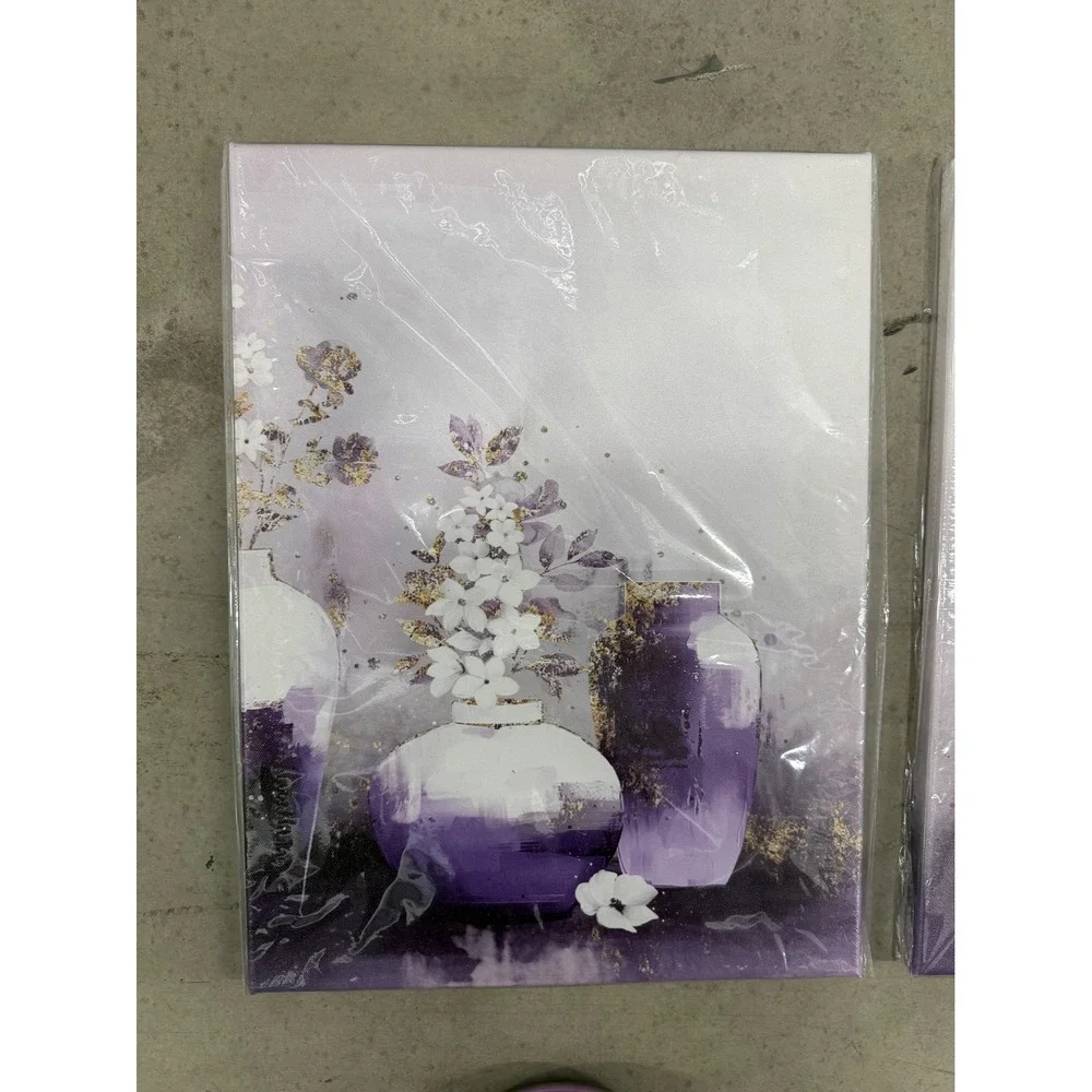 Purple Floral Canvas Wall Art Set 3 Piece White Flower Gold Accents 12x16 New
